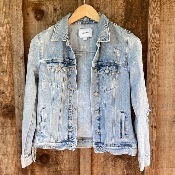 Old Navy Distressed Ripped Denim Jacket- Light Wash Jean - Picture 1 of 10